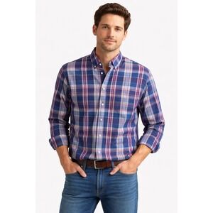 Saddlebred Mens XL W- Free Stretch Plaid Button Down Long Sleeve Shirt Blue Red